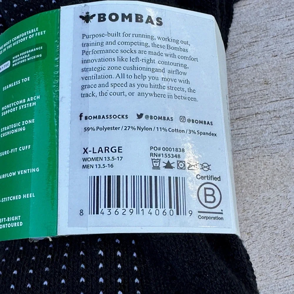 Bombas Performance Golf Hex-Tec Quarter Socks Black XL M 13.5-16 W 13.5-17